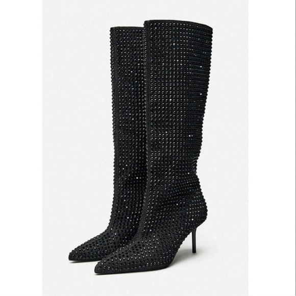 Zara Black Pointed Toe Rhinestone heeled knee high boo Size 39 - Picture 1 of 12